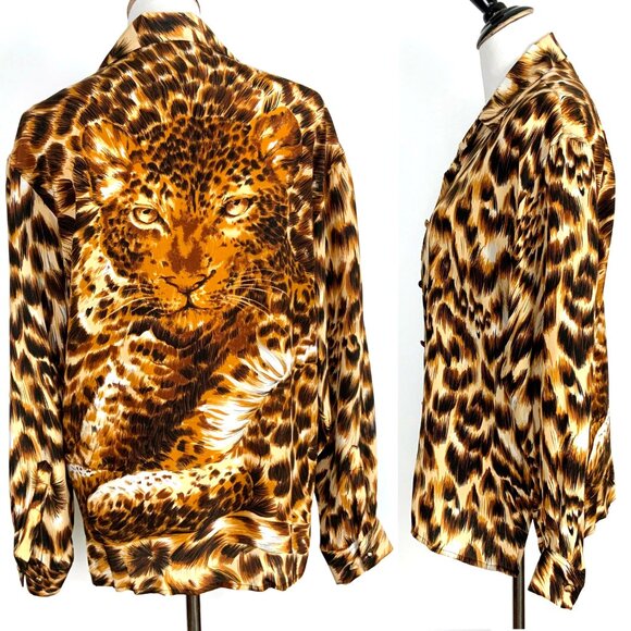 Vintage Fu Da Silk Animal Leopard Tiger Print & Face Blouse Sz M - Picture 7 of 16